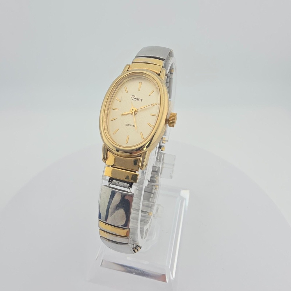 Vtg TIMEX Cavatina Ladies Watch Oval Case Stretch Band Gold Plate Stainless7"